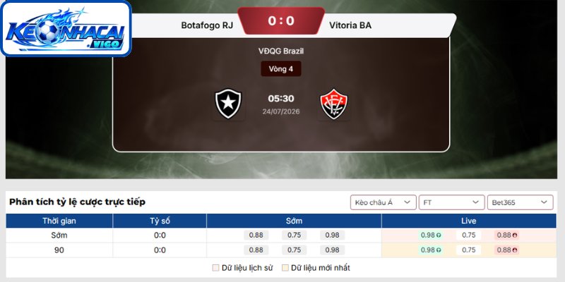 Kèo châu Á trận Botafogo RJ vs Vitoria BA (05h30 ngày 24/07 | VĐQG Brazil)
